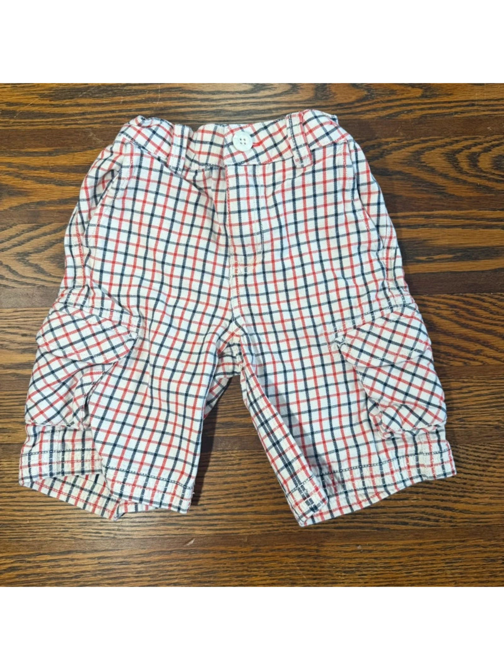 Hanna Andersson Boys Red White And Blue Plaid Cargo Shorts Size 5/6 Elastic